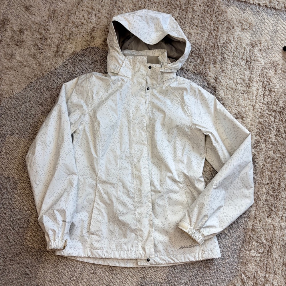 Eddie Bauer WeatherEdge Rain Jacket Womens Small White Gray Zip Off Hood Coat
